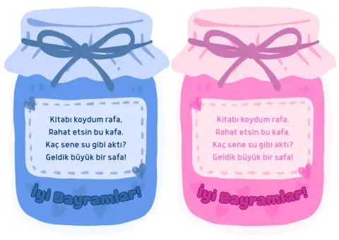 Kurdeleli mavi ve pembe kavanoz biçimli İyi Bayramlar kartı, tekerlemeli